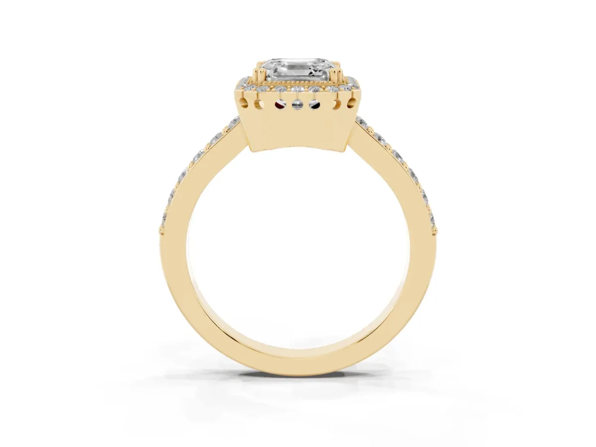 Asscher Cut Cut Diamond Halo Engagement Ring with Milgrain Detail and Pavé Band Yellow gold