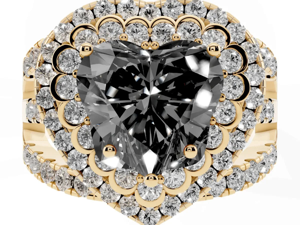 Fancy Black Heart Cut Diamond Double Halo Ring with Round Pavé Split Shank and Prong Setting Yellow gold