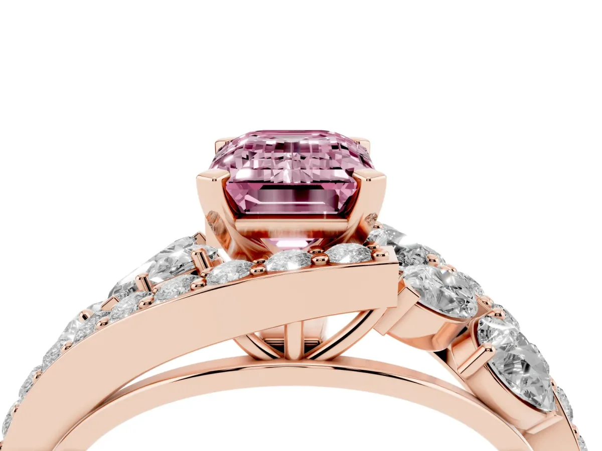 Fancy Pink Emerald Cut Diamond Halo Ring with Marquise and Pavé Band in Prong Setting Rose gold
