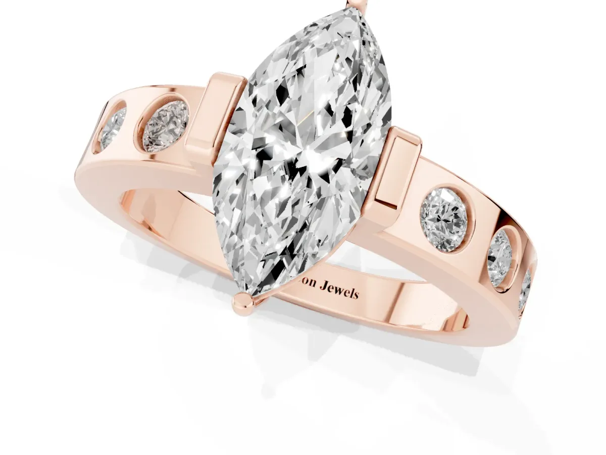 Marquise Cut Brilliant Channel-Set Diamond Ring with Bezel Prong Setting Rose gold
