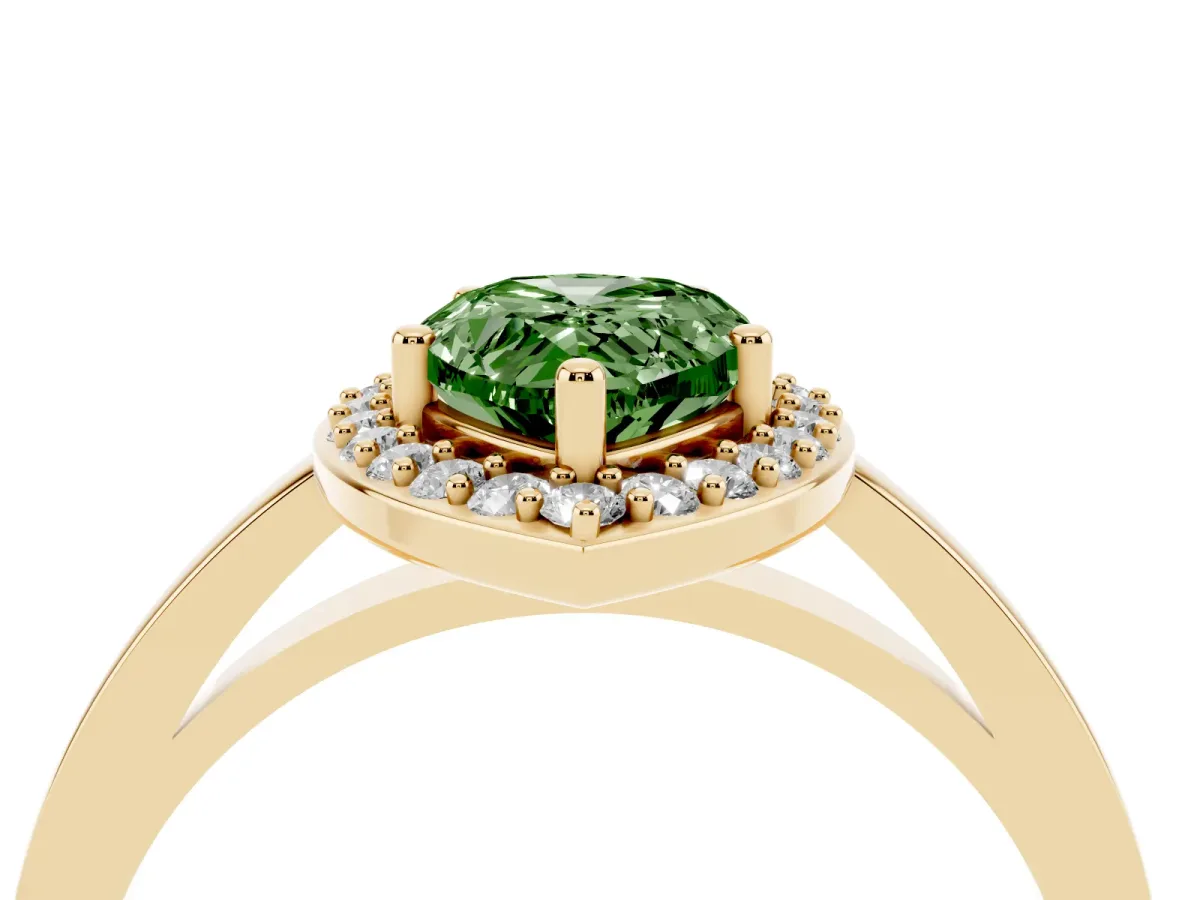 Fancy Green Pear Cut Halo Diamond Ring with Solitaire Band and Prong Setting Yellow gold