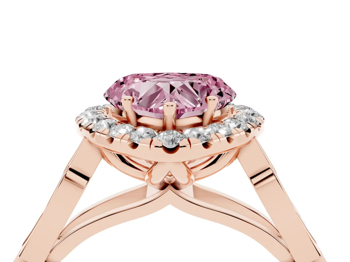 Fancy Pink Heart Cut Halo Diamond Engagement Ring with Filigree Band and Four-Prong Setting Rose gold