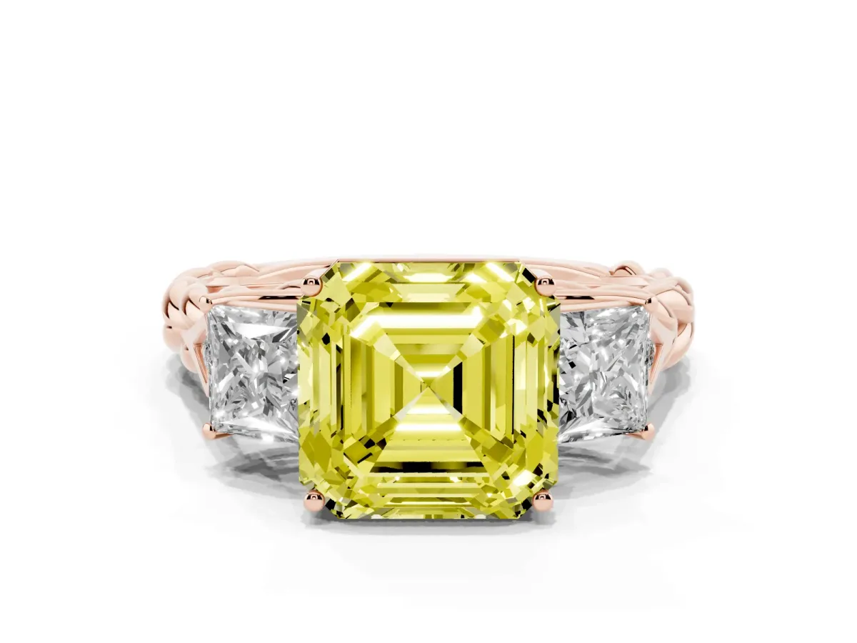 Fancy Yellow Three-Stone Asscher Cut Diamond Braided Band Ring with Four-Prong Setting Rose gold