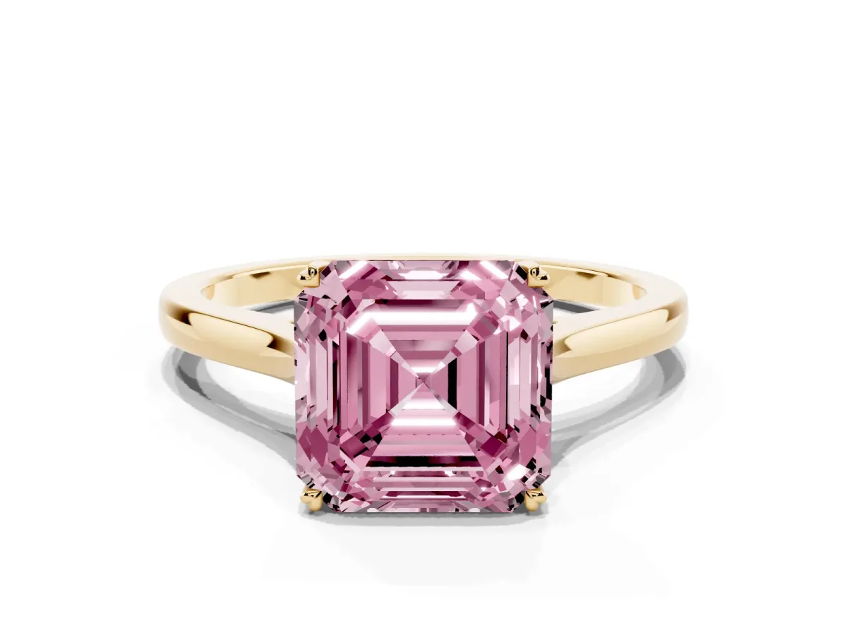 Fancy Pink Asscher Cut Solitaire Heart Prong Engagement Ring with Tapered Band Yellow gold