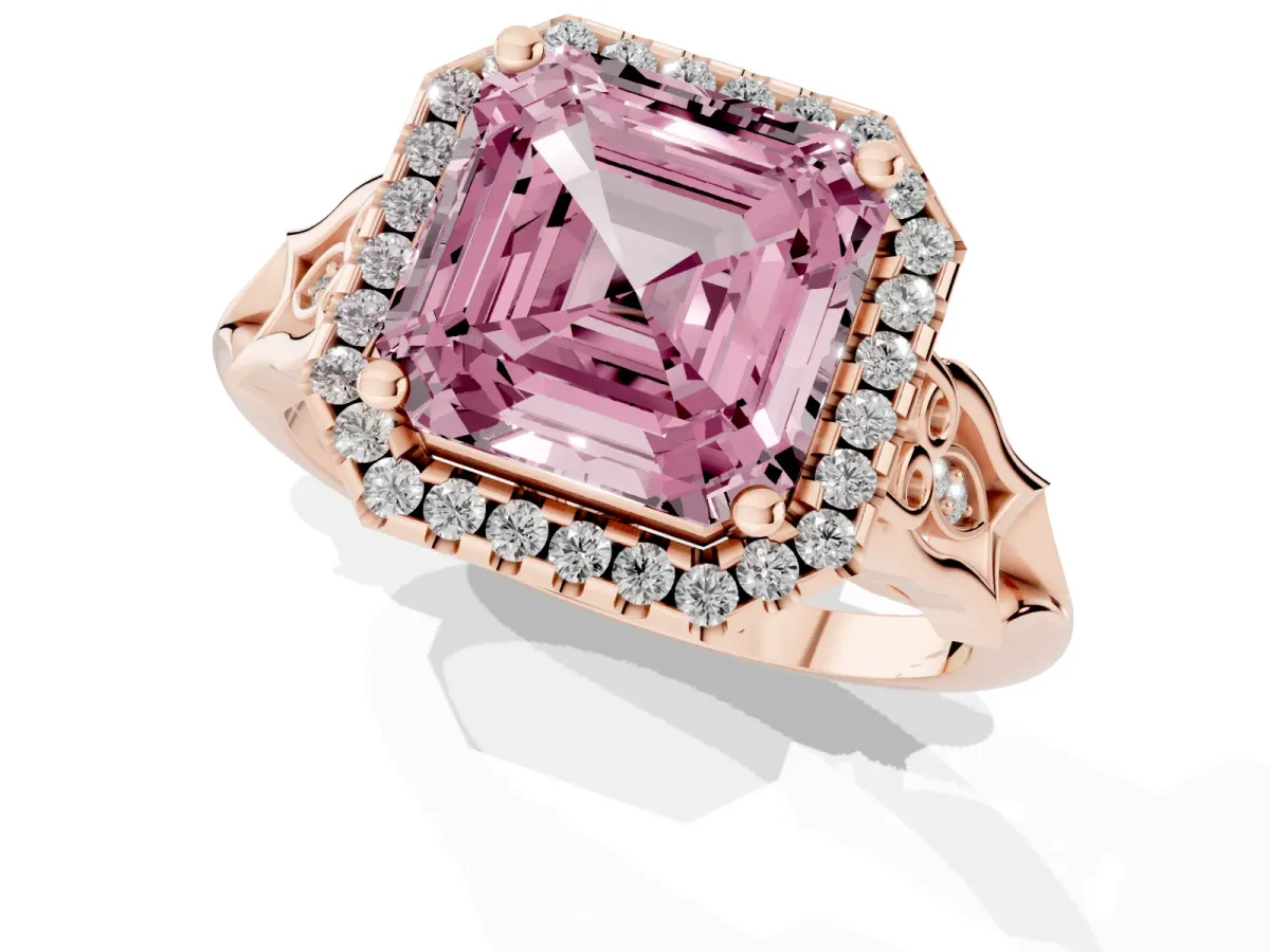 Fancy Pink Asscher Cut Halo Diamond Engagement Ring with Filigree Band and Four-Prong Setting Rose gold