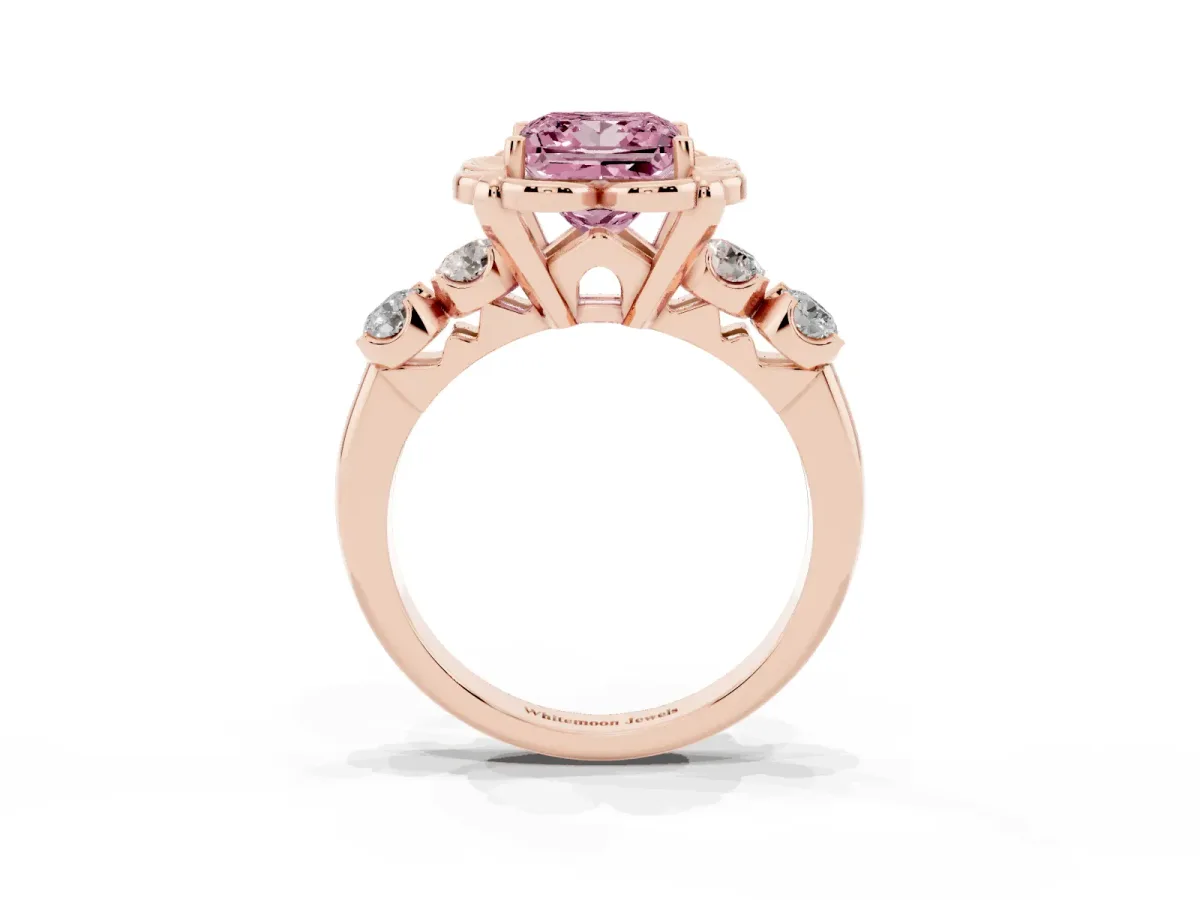 Fancy Pink Princess Cut Cut Diamond Floral Halo Engagement Ring with Shared Prong Setting Rose gold