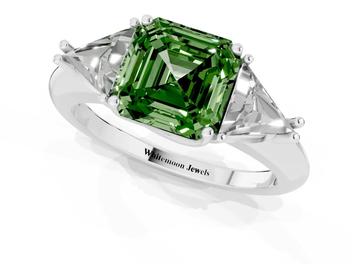 Fancy Green Three-Stone Asscher Cut Diamond Engagement Ring with Trillion Side Stones and Prong Setting Silver