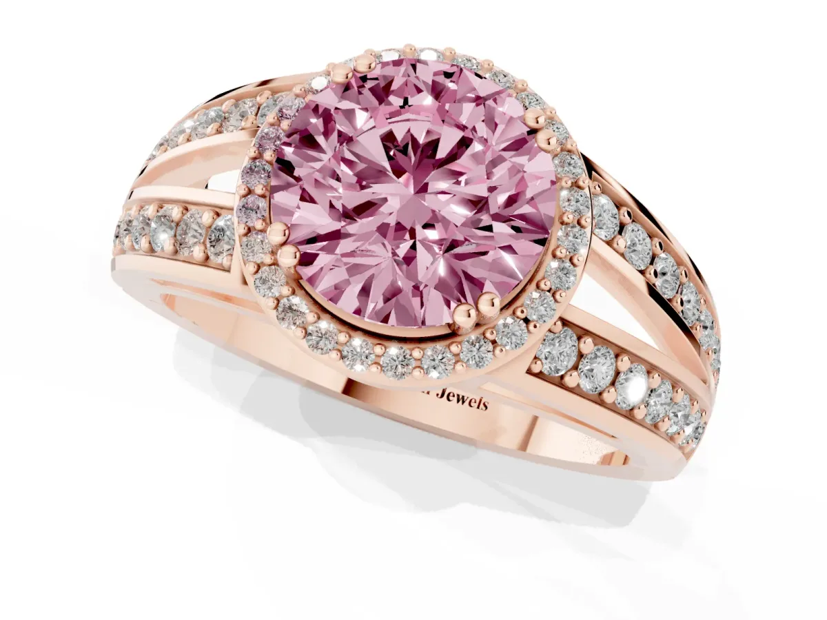 Fancy Pink Round Cut Diamond Halo Ring with Split Shank Pavé Band and Four-Prong Setting Rose gold