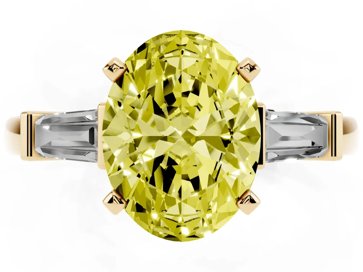 Fancy Yellow Oval Cut Cut Diamond Solitaire Ring with Tapered Baguette Accents and Four-Prong Setting Yellow gold