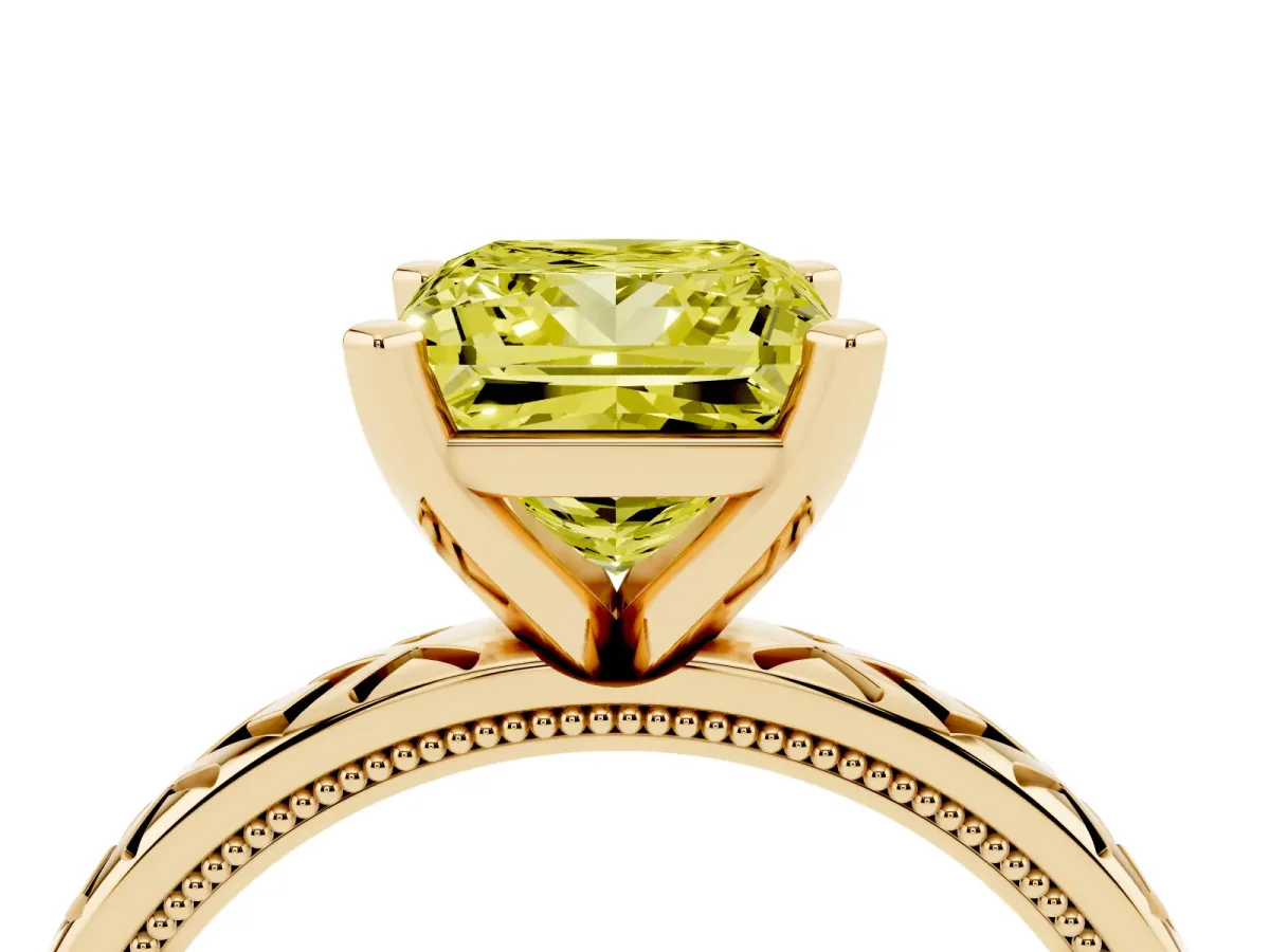 Fancy Yellow Princess Cut Solitaire Diamond Ring with Milgrain and Black Enamel X Pattern Band Yellow gold