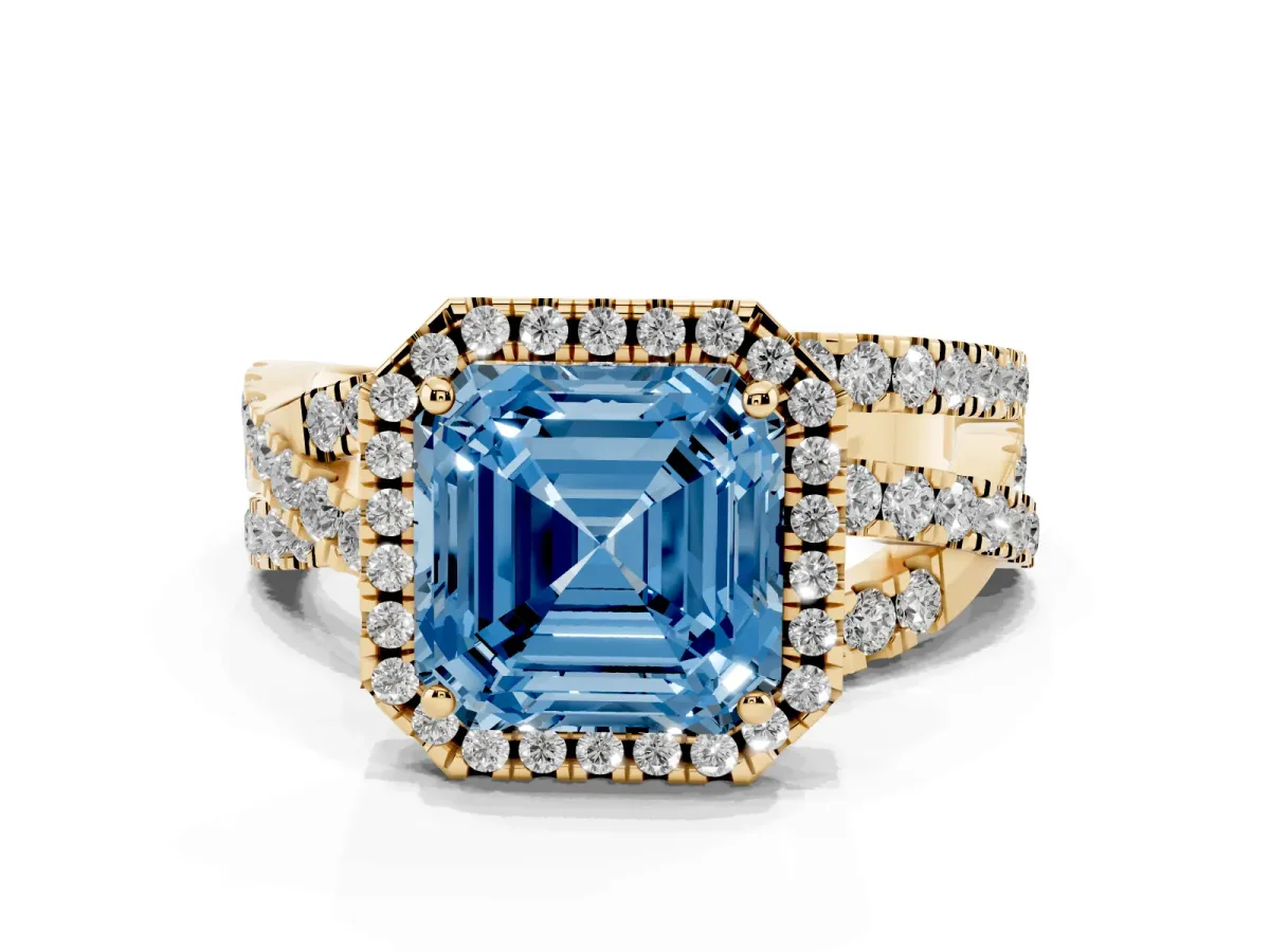 Fancy Blue Asscher Cut Diamond Halo Ring with Round Split Shank and Prong Setting Yellow gold