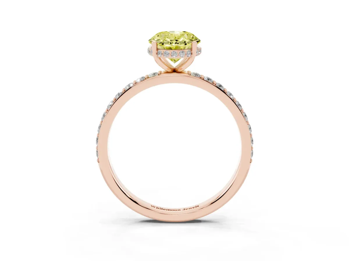 Fancy Yellow Oval Cut Diamond Solitaire Ring with Pavé Band and Hidden Halo Rose gold