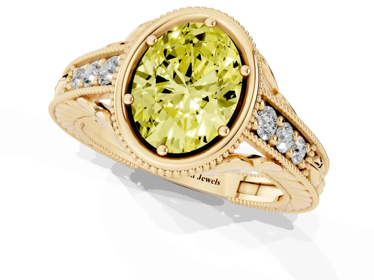 Fancy Yellow Bezel Set Oval Cut Diamond Milgrain Pave Engagement Ring Yellow gold