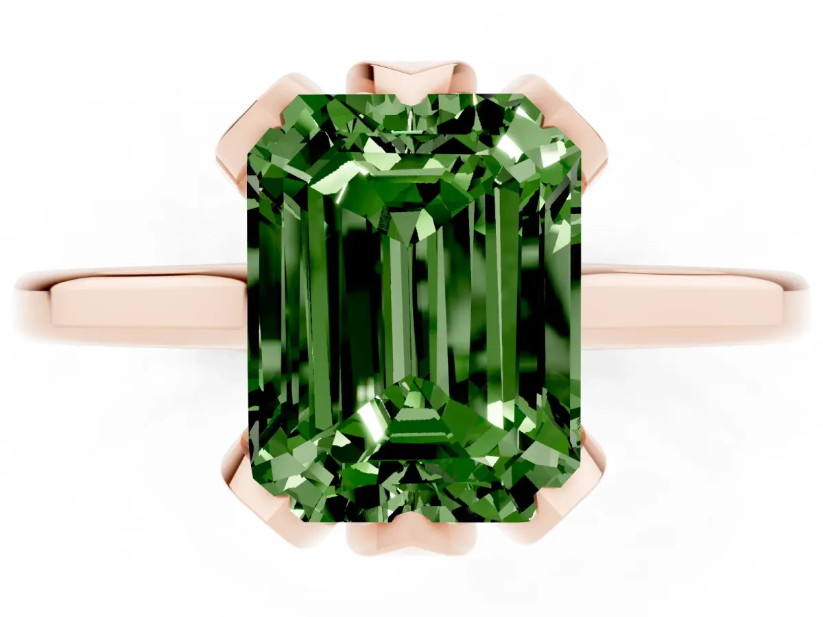 Fancy Green Emerald Cut Diamond Solitaire Ring with Flower Prong Setting and Classic Band Rose gold