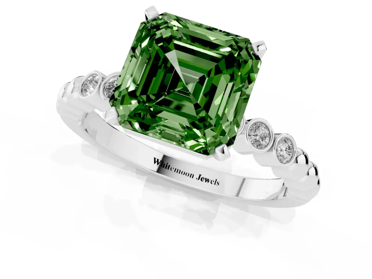 Fancy Green Asscher Cut Solitaire Bezel Accent Diamond Engagement Ring with Beaded Band and Four-Prong Setting Silver