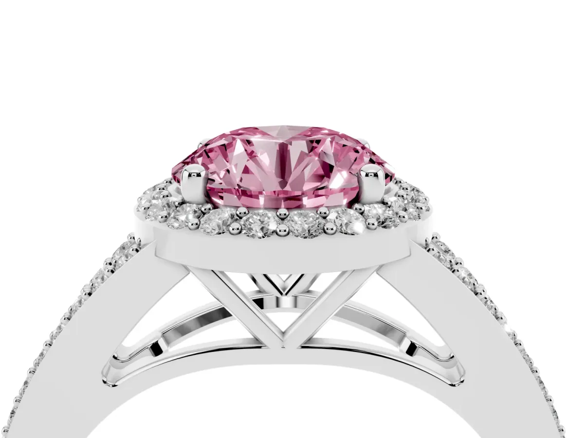 Fancy Pink Round Cut Halo Split Shank Pave Diamond Ring with Four-Prong Setting Silver