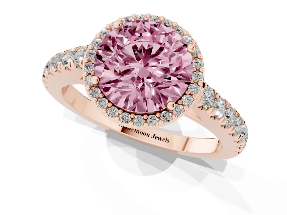 Fancy Pink Round Cut Cut Halo Diamond Engagement Ring with Pave Band and Four-Prong Setting Rose gold
