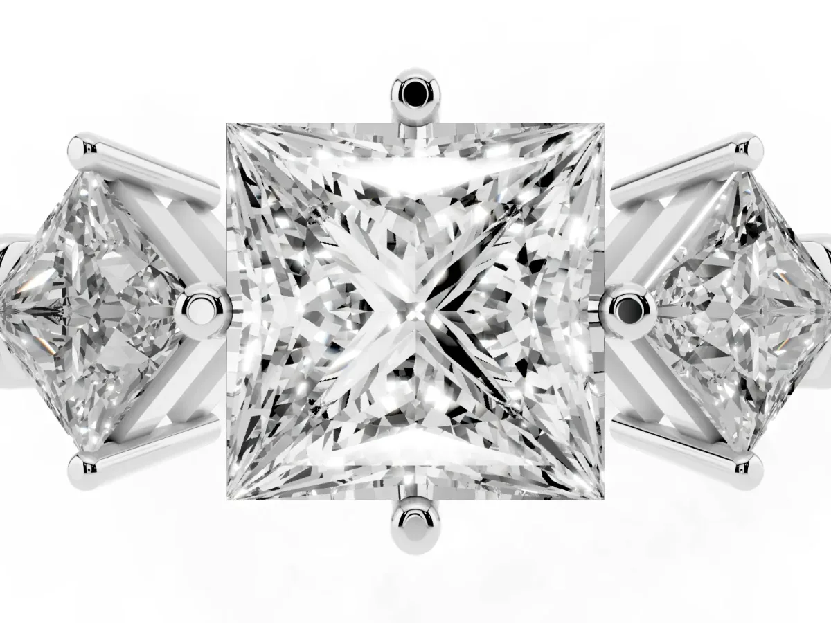 Three-Stone Princess Cut and Princess Cut Diamond Ring with Channel Band and Four-Prong Setting Platinum