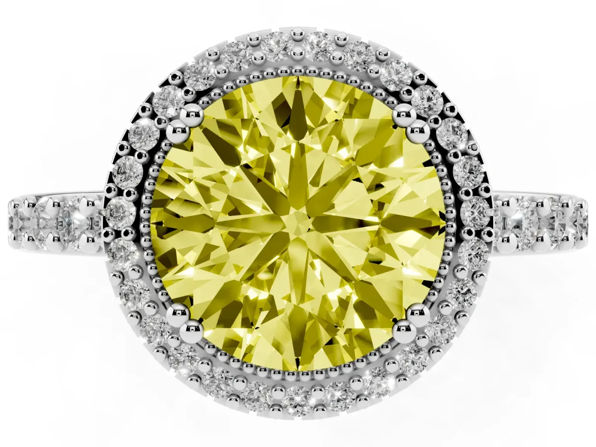 Fancy Yellow Round Cut Cut Diamond Halo Engagement Ring with Milgrain Detail and Pavé Band Platinum