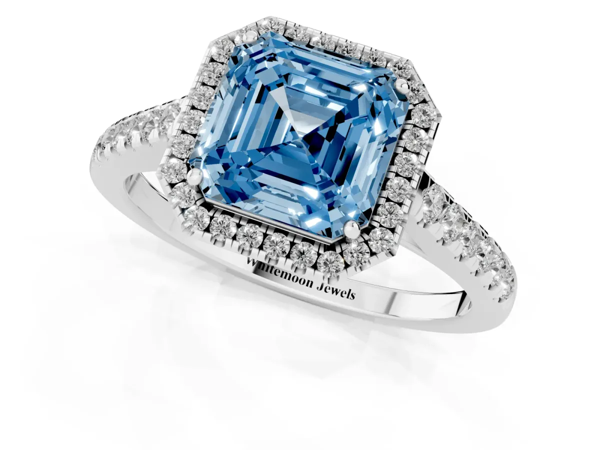 Fancy Blue Asscher Cut Halo Pave Diamond Engagement Ring with Four-Prong Setting Silver