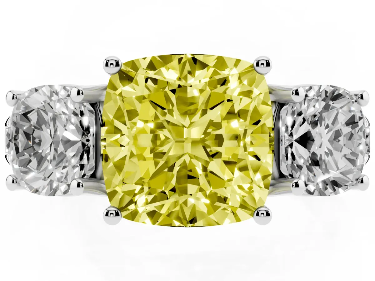 Fancy Yellow Three-Stone Cushion Cut Diamond Pavé Band with Prong Setting Platinum
