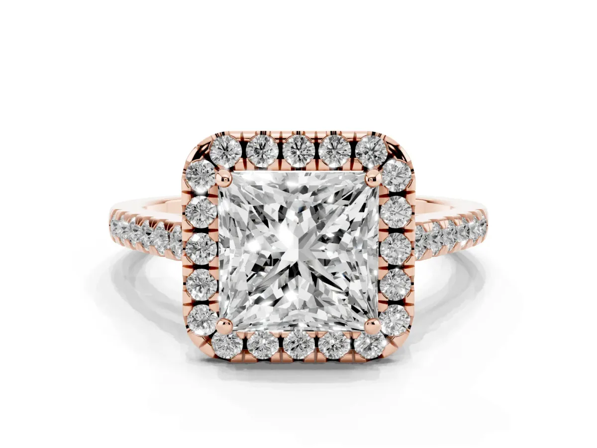 Princess Cut Halo Pave Diamond Engagement Ring with Four-Prong Setting Rose gold