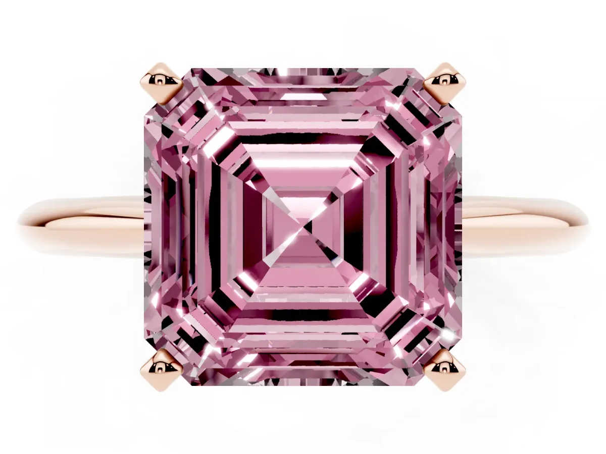 Fancy Pink Asscher Cut Cut Solitaire Ring with Four-Prong Setting on a Classic Band Rose gold