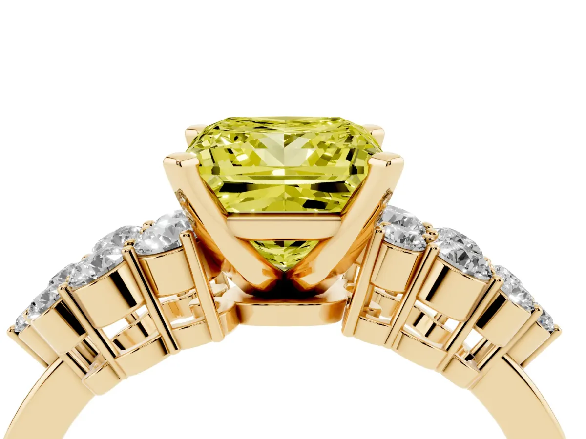 Fancy Yellow Princess Cut Cluster Diamond Engagement Ring with Pavé Band and Four-Prong Setting Yellow gold