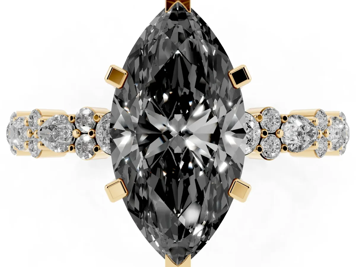 Fancy Black Marquise Cut Diamond Side Stone Solitaire Ring with Round and Four-Prong Setting Yellow gold