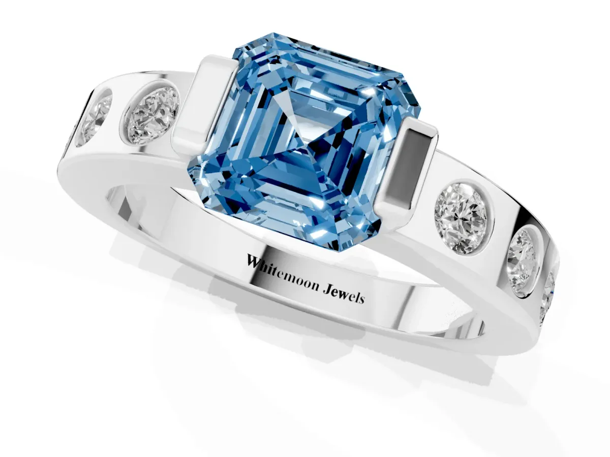 Fancy Blue Asscher Cut Brilliant Channel-Set Diamond Ring with Bezel Prong Setting Platinum