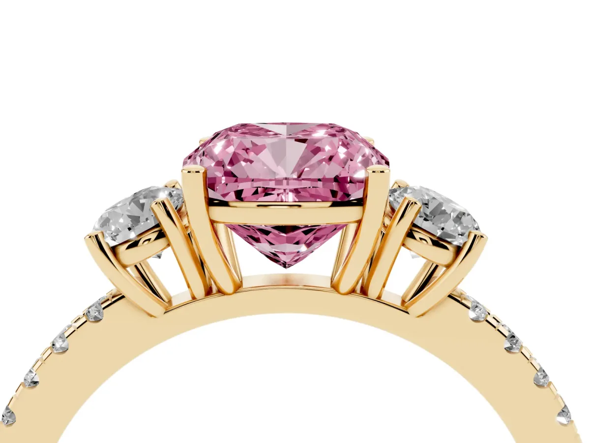 Fancy Pink Three-Stone Cushion Cut Cut Diamond Pavé Band with Prong Setting Yellow gold
