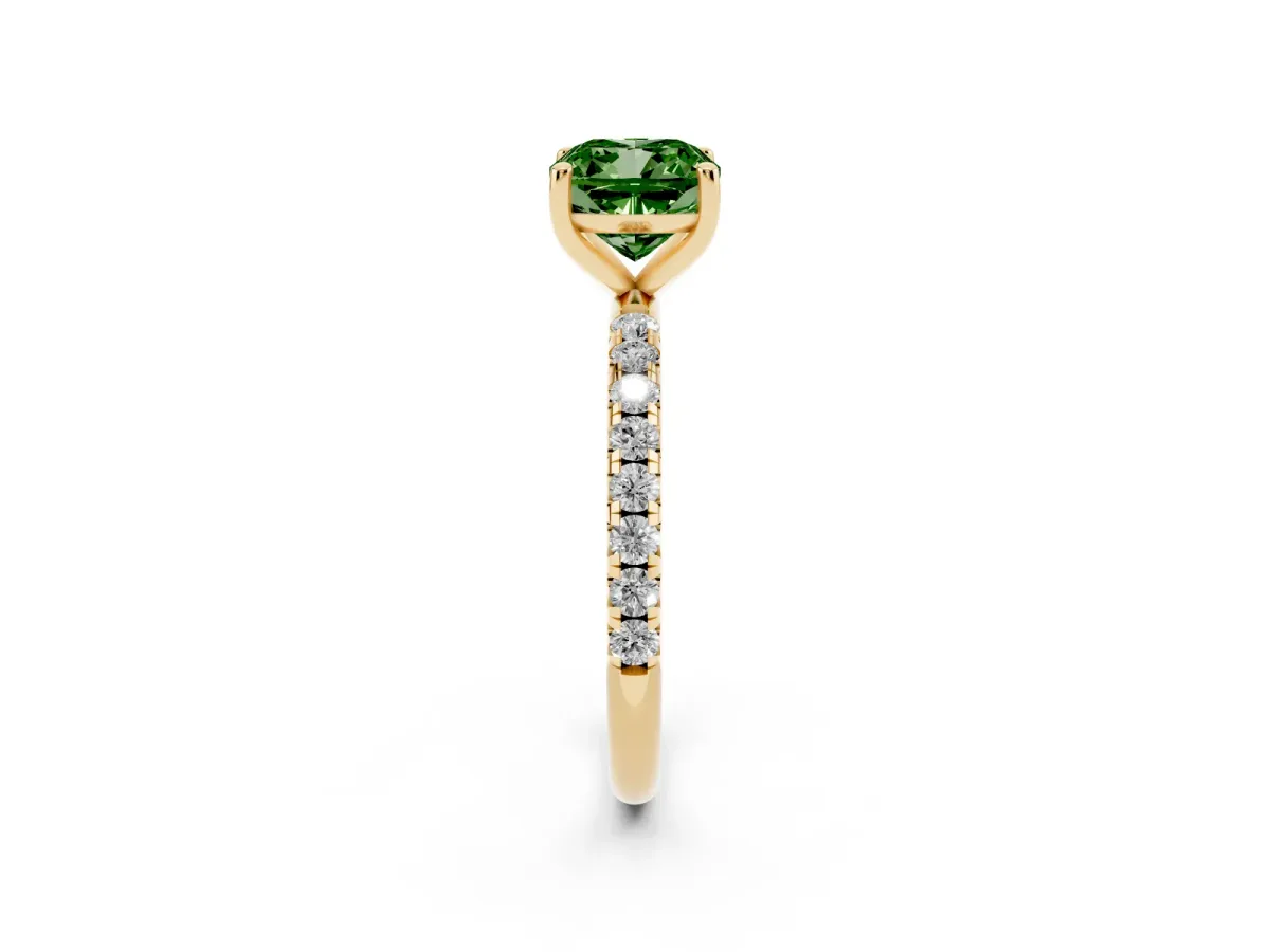Fancy Green Cushion Cut Cut Diamond Solitaire Ring with Micro Pave Band and Four Prong Setting Yellow gold