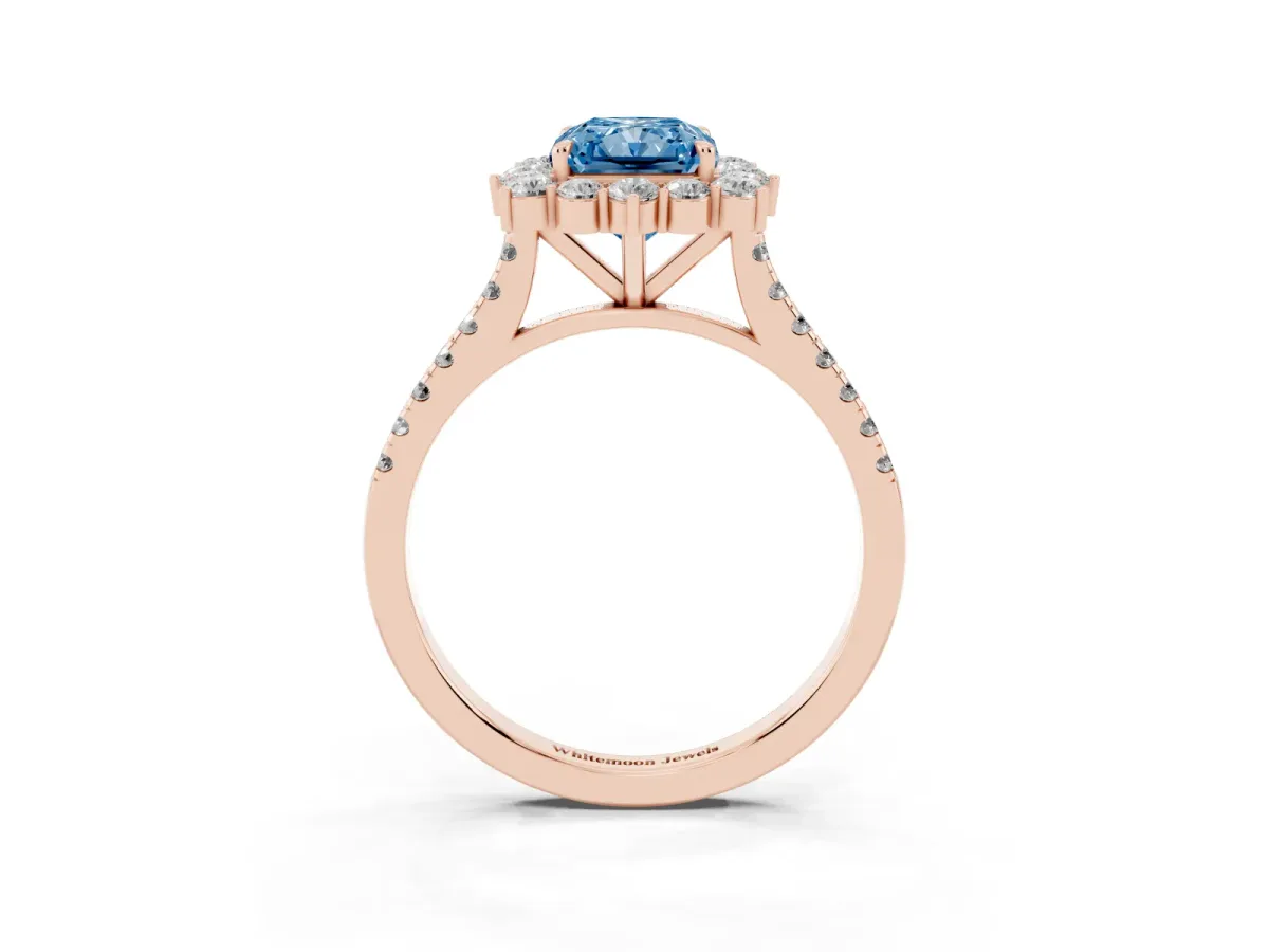 Fancy Blue Radiant Cut Halo Diamond Ring with Pavé Band and Prong Setting Rose gold