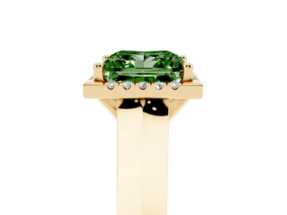 Fancy Green Princess Cut Halo Diamond Ring with Cathedral Band and Four-Prong Setting Yellow gold