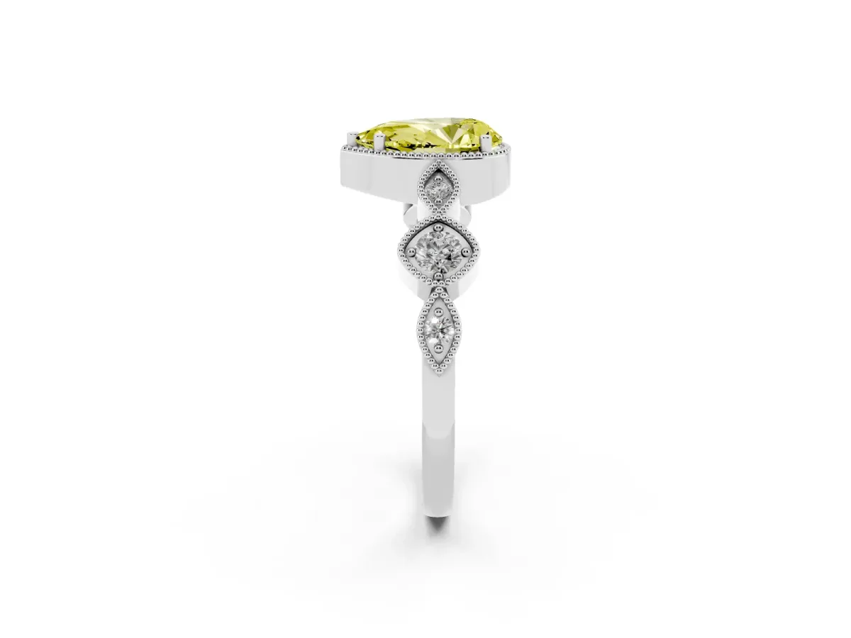 Fancy Yellow Pear Cut Diamond Vintage Milgrain Ring with Round Stations Silver