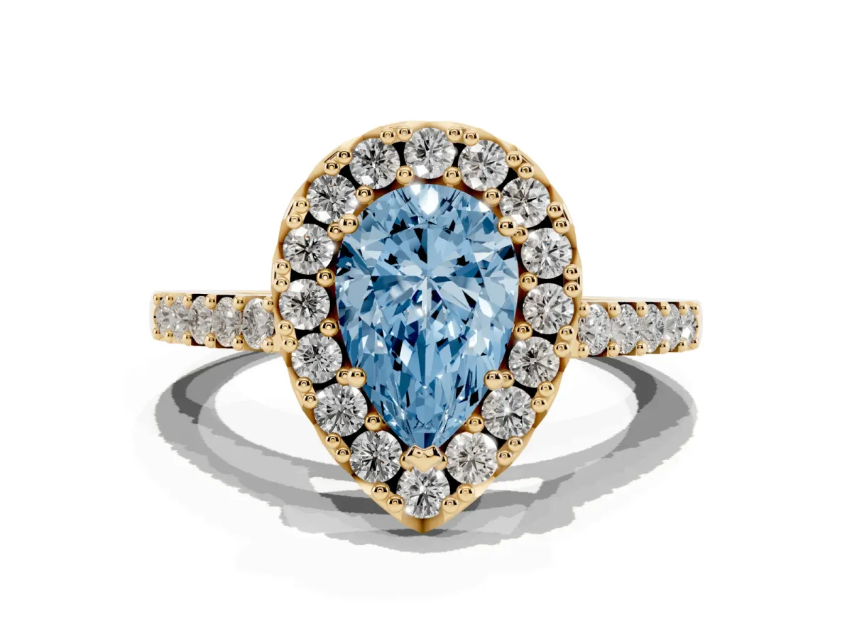 Fancy Blue Pear Cut Halo Diamond Pavé Solitaire Ring Yellow gold