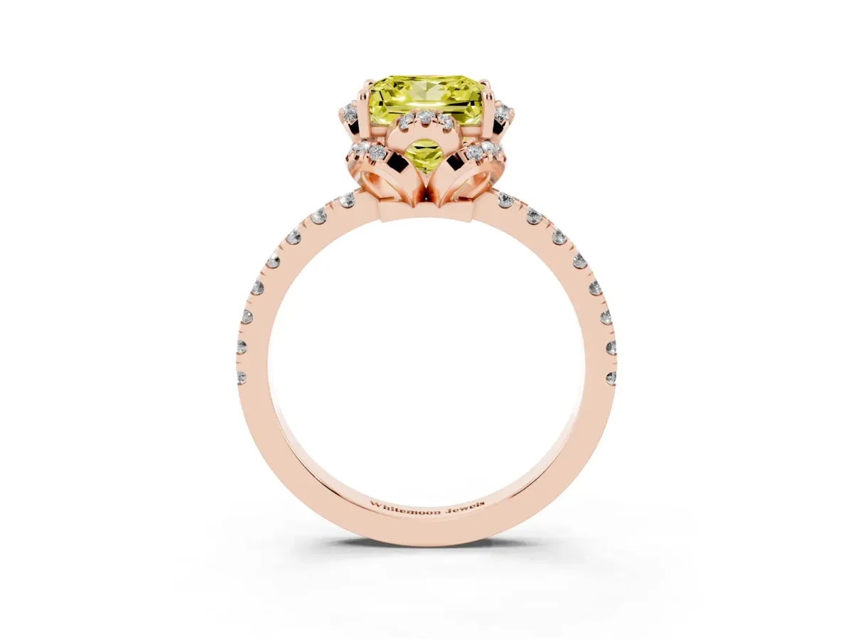 Fancy Yellow Princess Cut Halo Diamond Pave Band Ring with Four-Prong Setting Rose gold