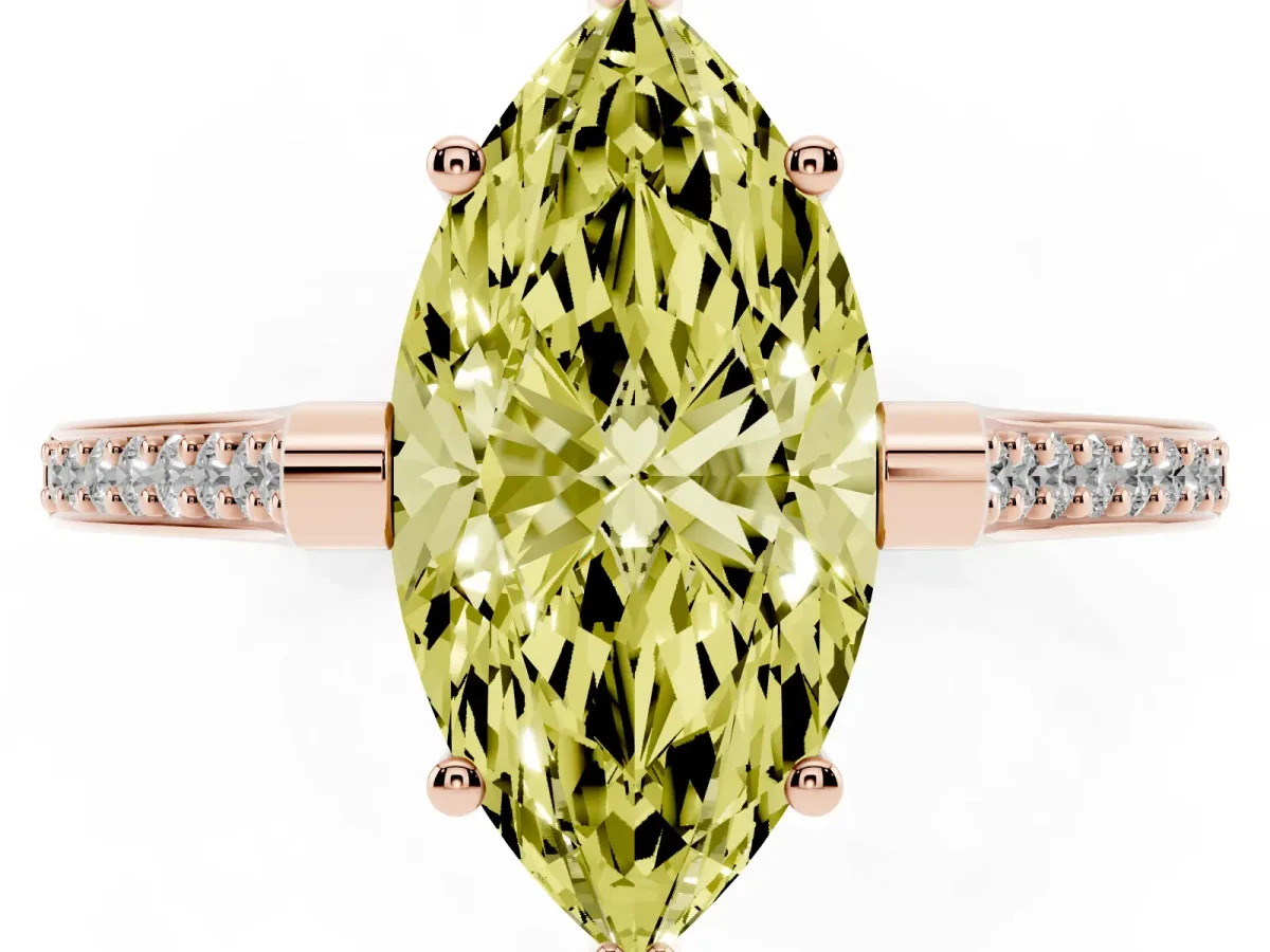 Fancy Yellow Marquise Cut Solitaire Diamond Ring with Channel Set Band and Bezel Prong Setting Rose gold