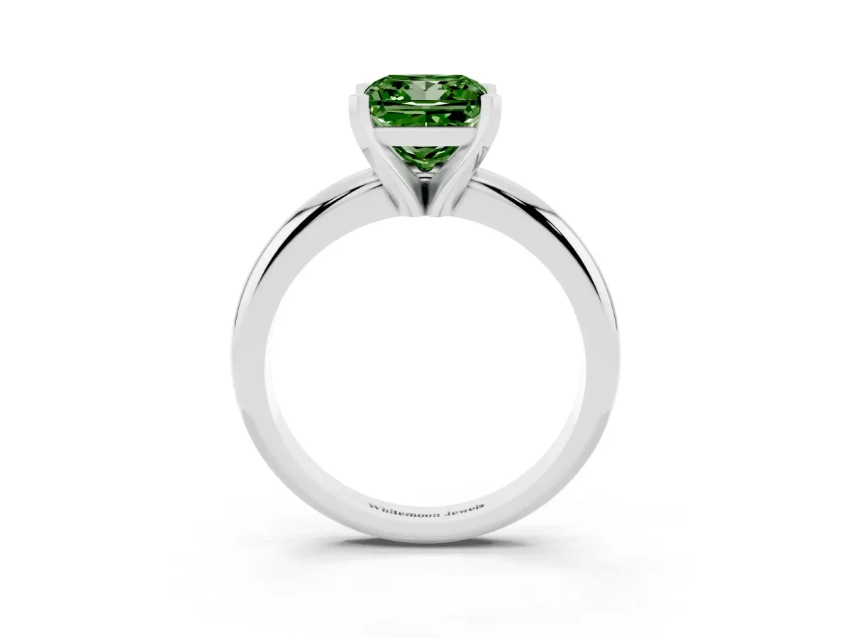 Fancy Green Princess Cut Diamond Solitaire Engagement Ring with Round Band and Four-Prong Setting Platinum