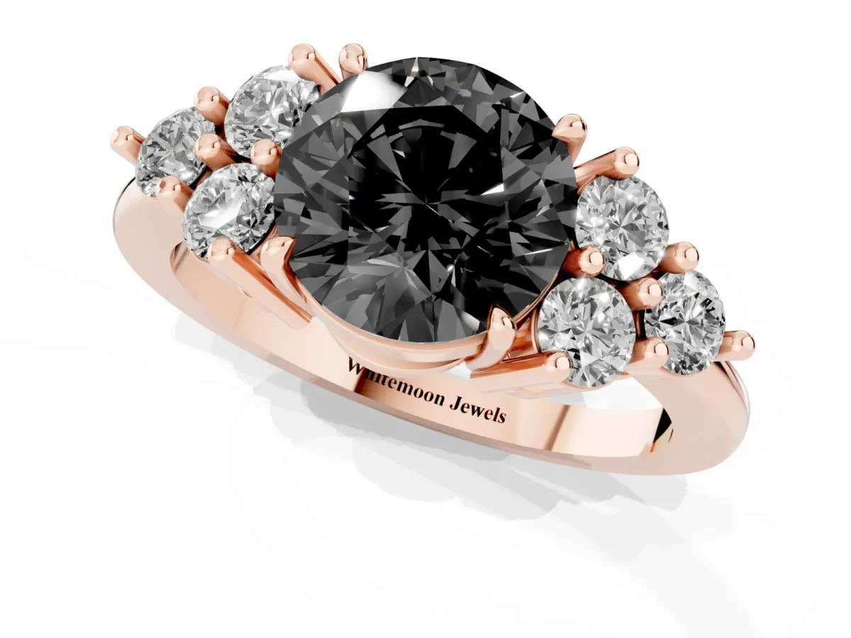 Fancy Black Round Cut Brilliant Diamond Cluster Accent Solitaire Ring with Prong Setting Rose gold