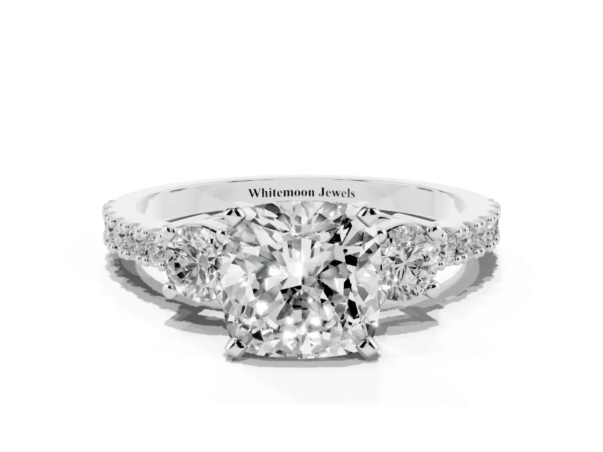 Cushion Cut Three-Stone Diamond Pavé Band with Prong Setting White gold
