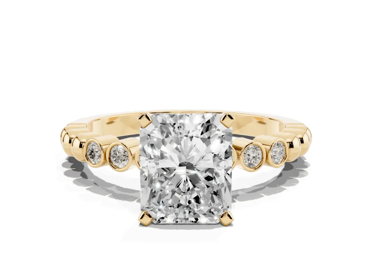 Radiant Cut Solitaire Bezel Accent Diamond Engagement Ring with Beaded Band and Four-Prong Setting Yellow gold
