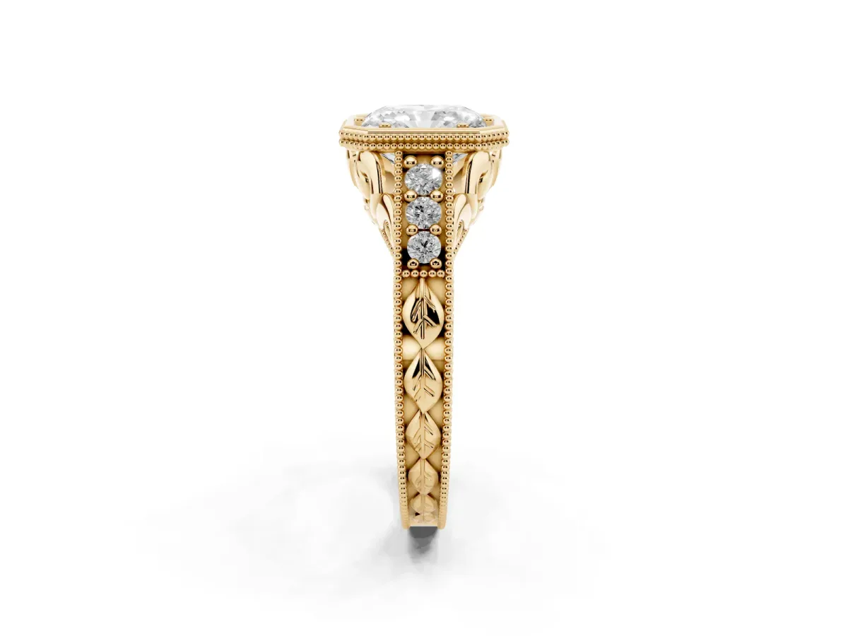 Bezel Set Radiant Cut Diamond Milgrain Pave Engagement Ring Yellow gold