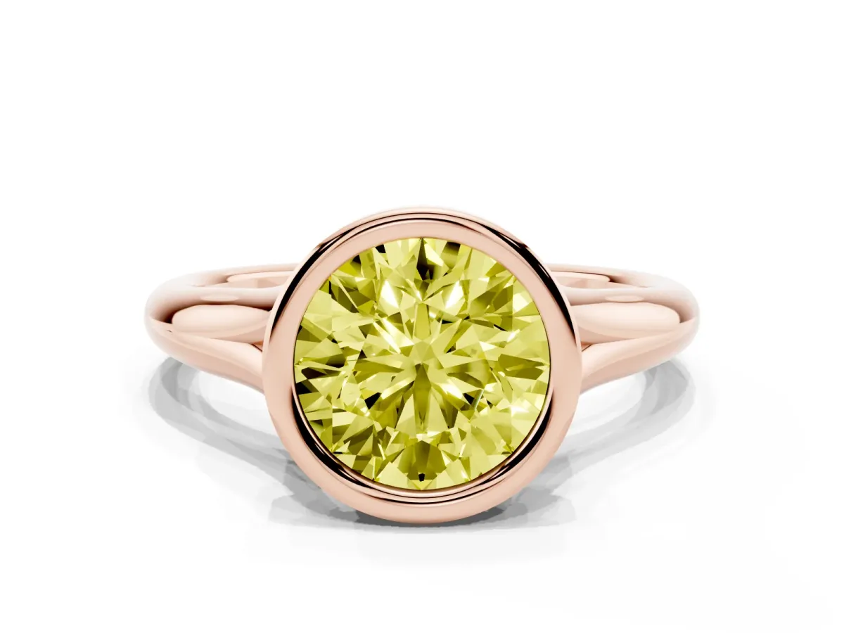 Fancy Yellow Bezel Set Round Cut Solitaire Diamond Ring with Smooth Band Rose gold