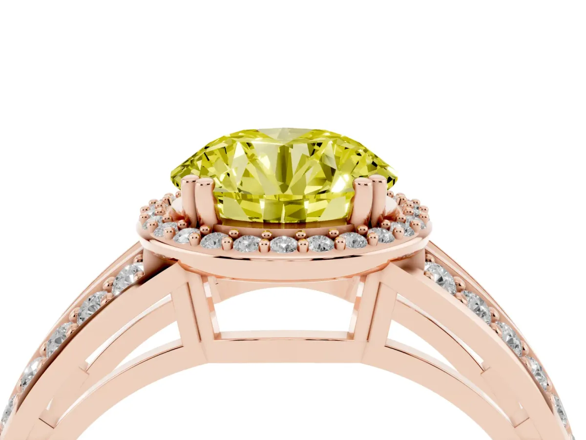 Fancy Yellow Round Cut Diamond Halo Ring with Split Shank Pavé Band and Four-Prong Setting Rose gold