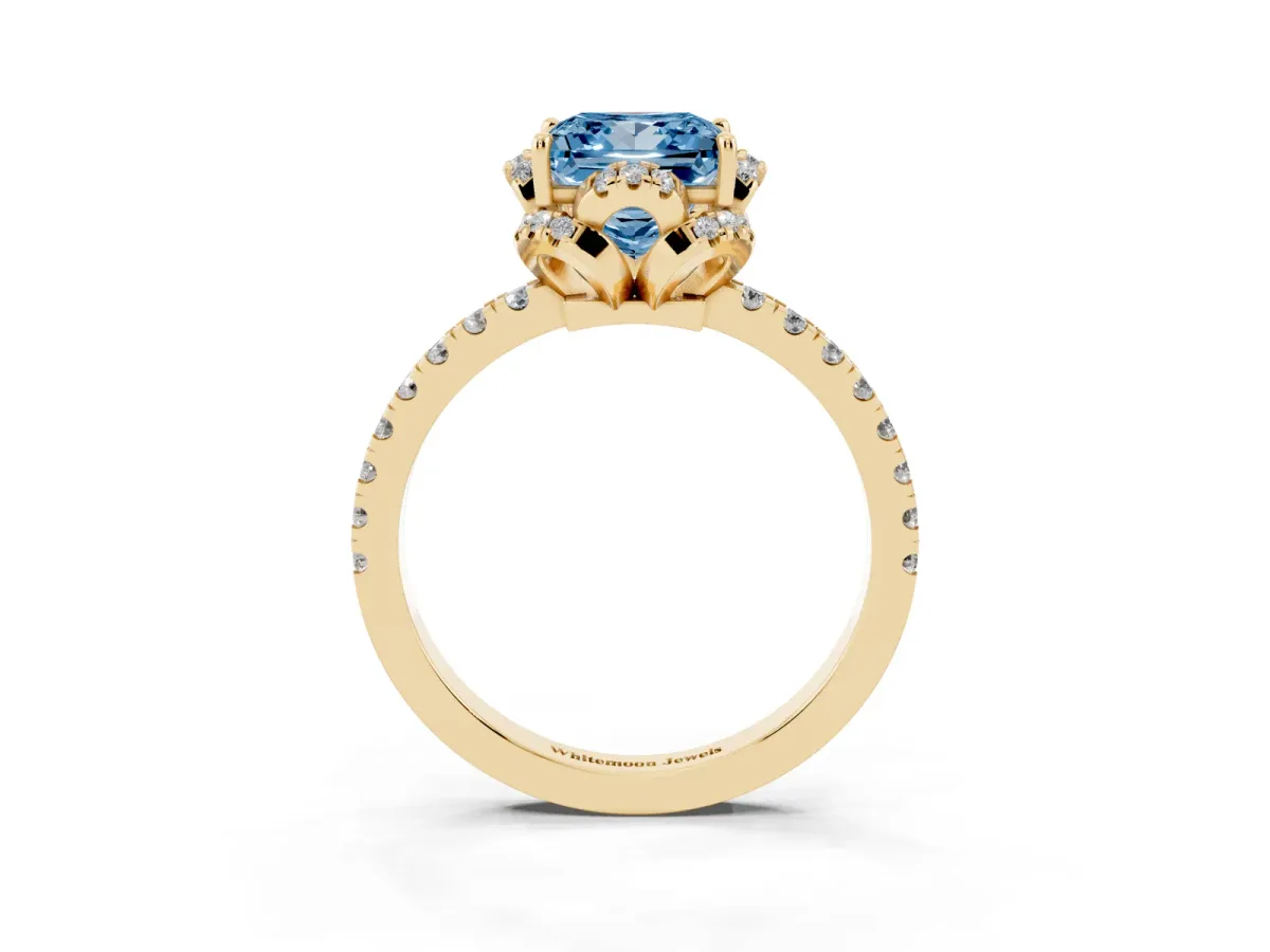 Fancy Blue Princess Cut Diamond Halo Pave Band with Four-Prong Setting Yellow gold