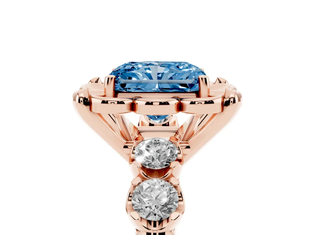 Fancy Blue Radiant Cut Cut Diamond Floral Halo Engagement Ring with Shared Prong Setting Rose gold