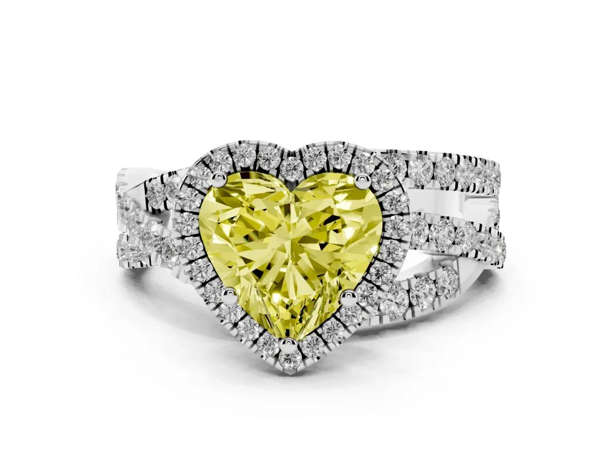 Fancy Yellow Heart Cut Diamond Halo Ring with Round Split Shank and Prong Setting Silver