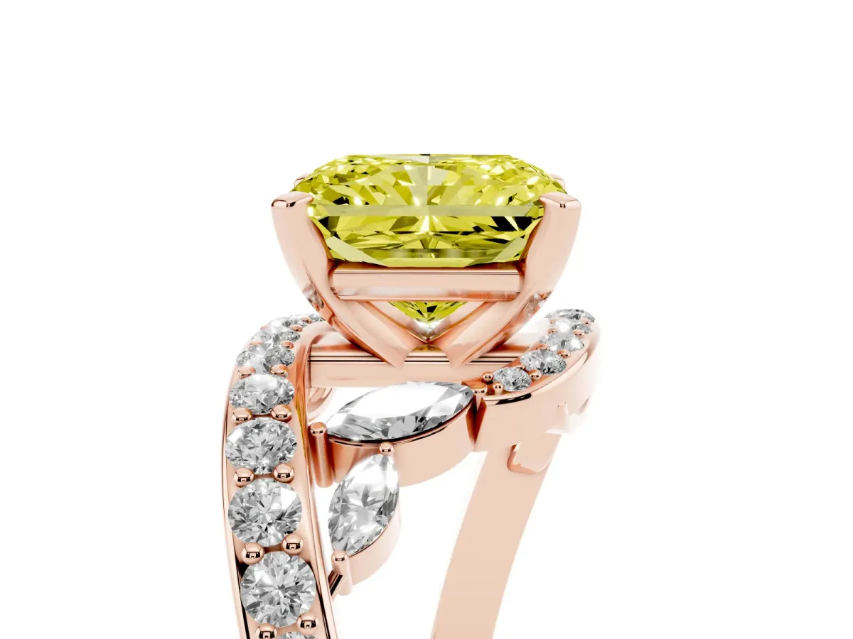Fancy Yellow Radiant Cut Solitaire with Pavé Twist Band and Four-Prong Setting Rose gold