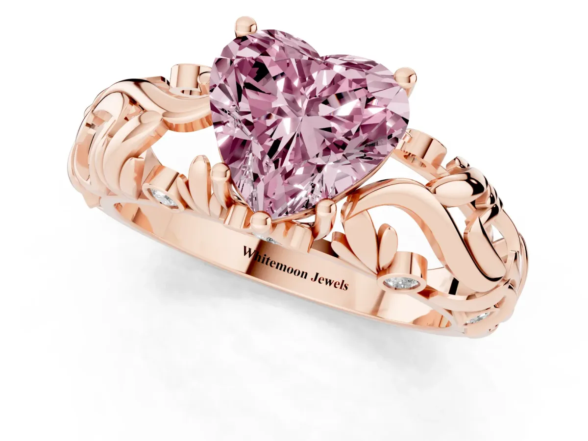 Fancy Pink Heart Cut Solitaire Diamond Leaf-Inspired Vine Band Ring with Prong Setting Rose gold
